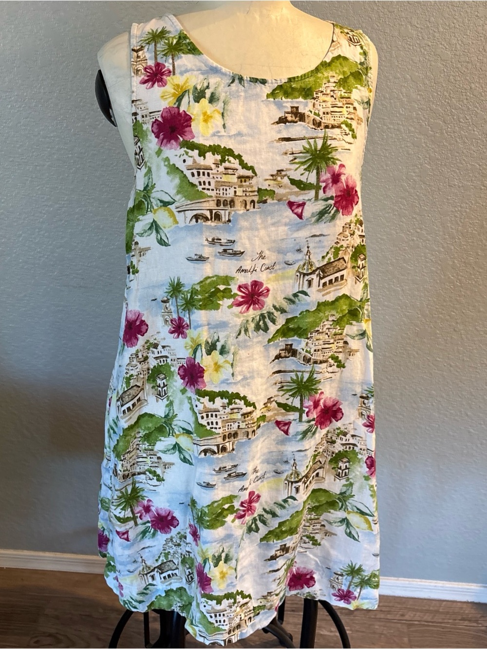 Womens 100% Linen White Italy Print Sundress with Pink Floral Accents